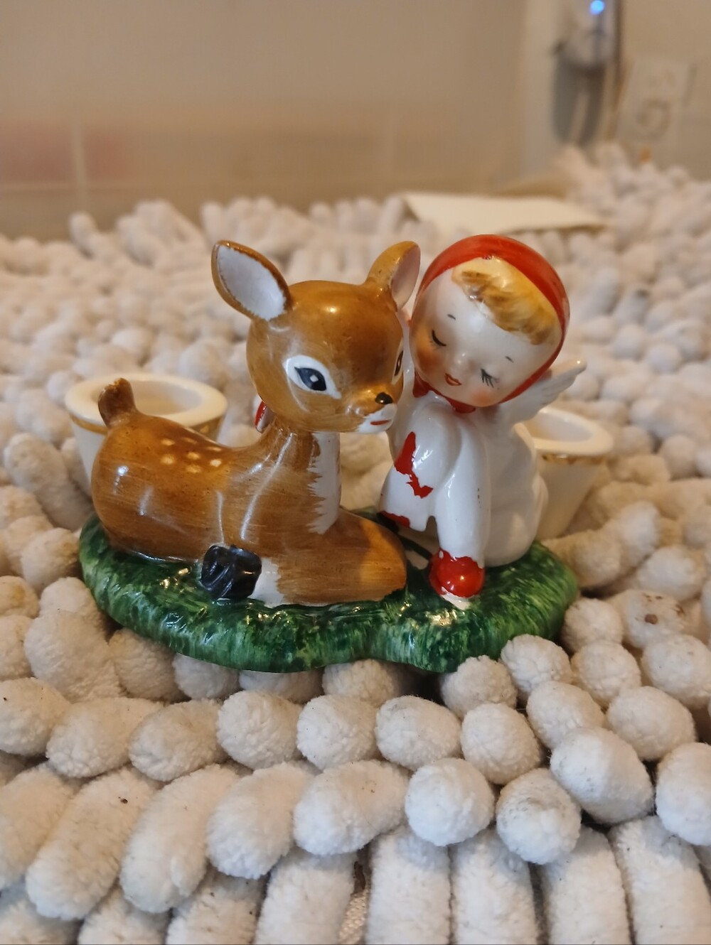 Vintage 1959 Holt Howard Ceramic Angel With Fawn Candle Holder